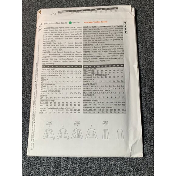 Vogue Woman 7632 Sewing Pattern Sizes 12-16 Shirt Skirt Set Career Wear Uncut - Picture 2 of 2